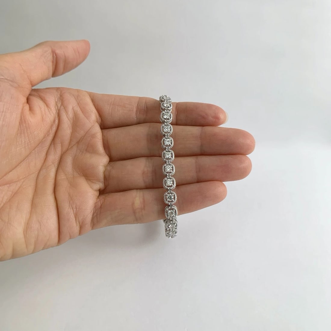Milgrain Halo Round Diamond Tennis Bracelet 14K White Gold, 3.06 CTW, 11.52 Gr - 2