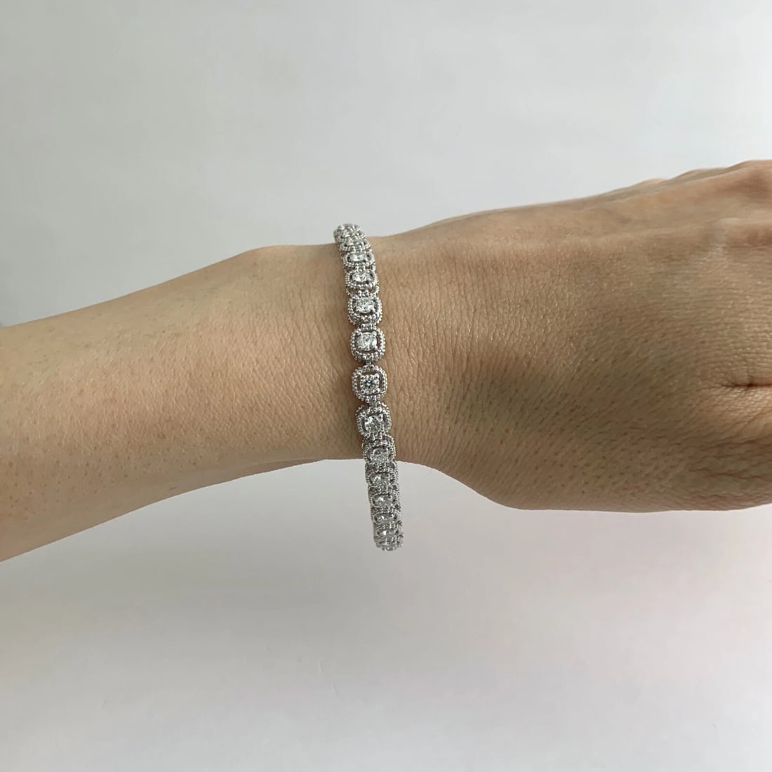 Milgrain Halo Round Diamond Tennis Bracelet 14K White Gold, 3.06 CTW, 11.52 Gr - 4