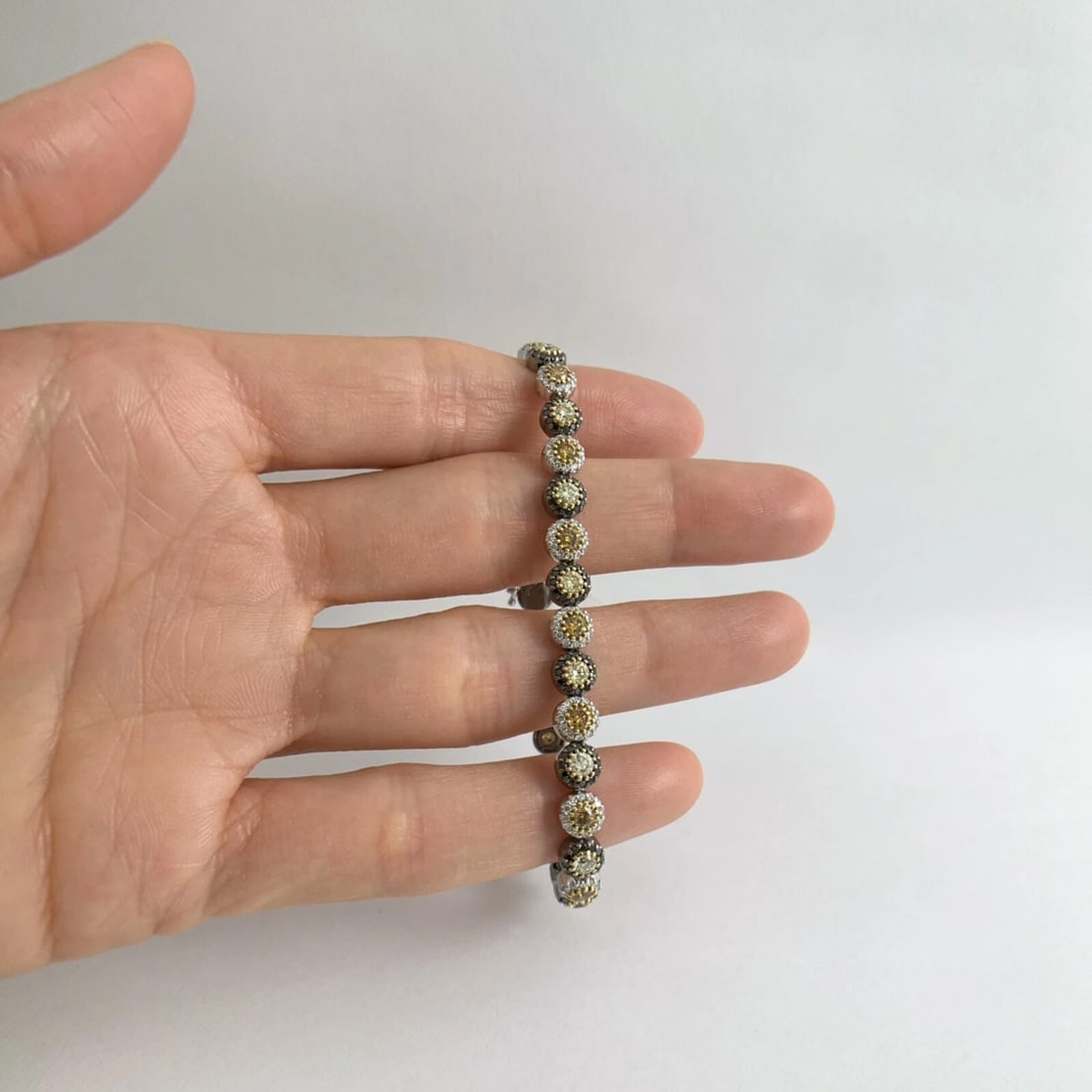 Black Yellow Diamond Halo Tennis Bracelet 18K White Gold, 4.35 CTW, 17.37 Grams - 2