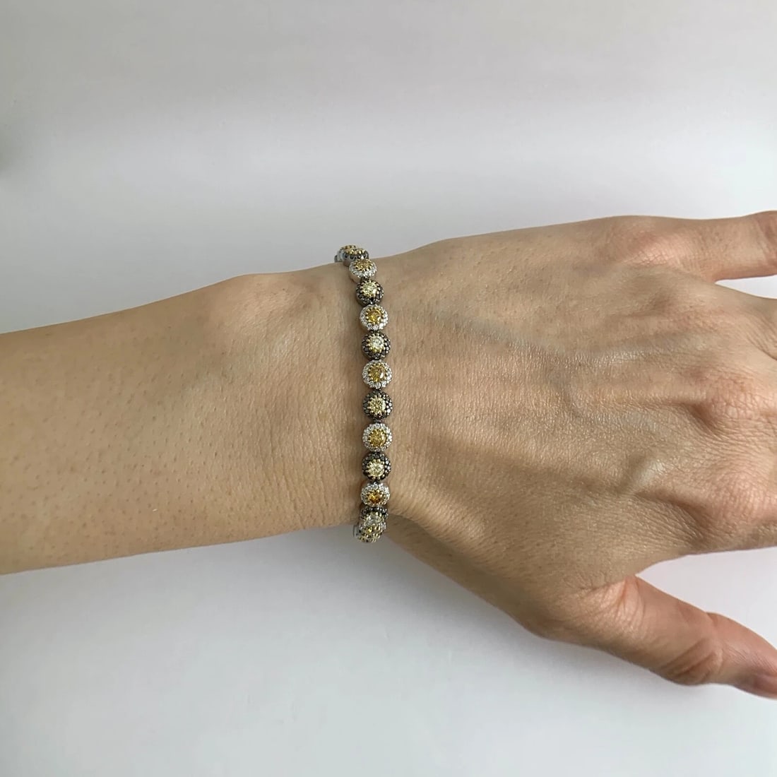 Black Yellow Diamond Halo Tennis Bracelet 18K White Gold, 4.35 CTW, 17.37 Grams - 3