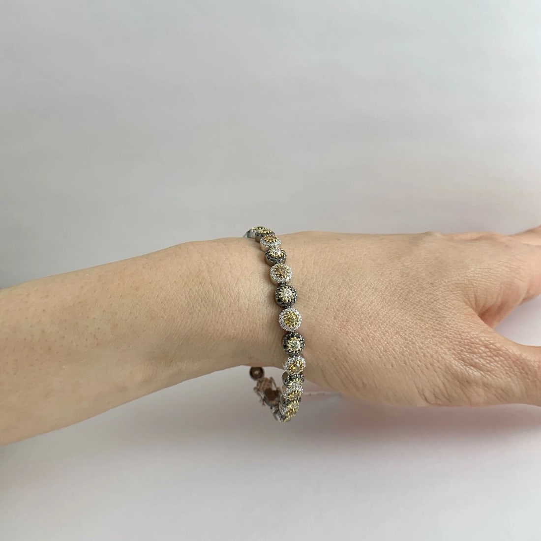 Black Yellow Diamond Halo Tennis Bracelet 18K White Gold, 4.35 CTW, 17.37 Grams - 4