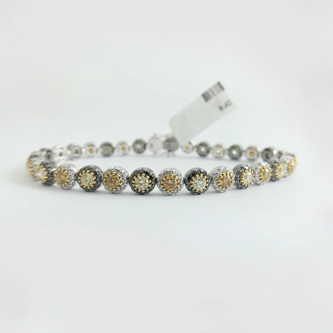 Black Yellow Diamond Halo Tennis Bracelet 18K White Gold, 4.35 CTW, 17.37 Grams - 6