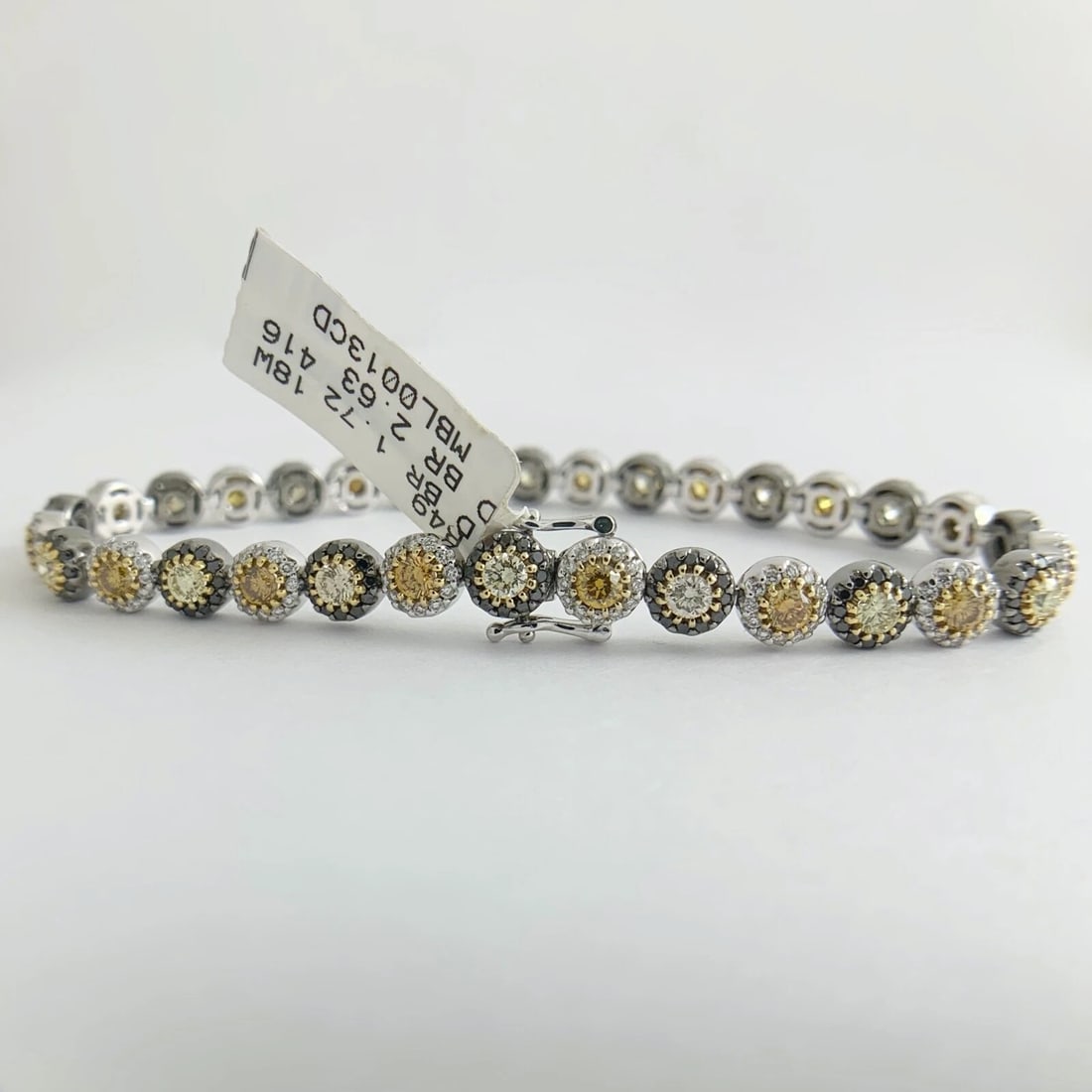 Black Yellow Diamond Halo Tennis Bracelet 18K White Gold, 4.35 CTW, 17.37 Grams - 7