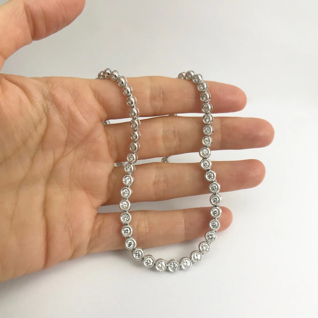 Diamond Milgrain Bezel Set Tennis Necklace 18K White Gold, 16 Inches, 4.33 CTW - 2