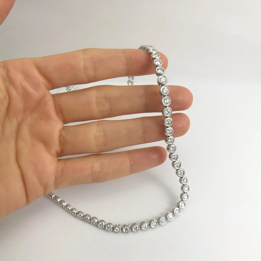 Diamond Milgrain Bezel Set Tennis Necklace 18K White Gold, 16 Inches, 4.33 CTW - 3