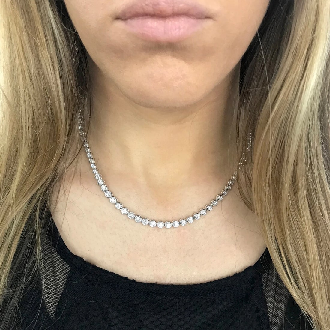 Diamond Milgrain Bezel Set Tennis Necklace 18K White Gold, 16 Inches, 4.33 CTW - 4