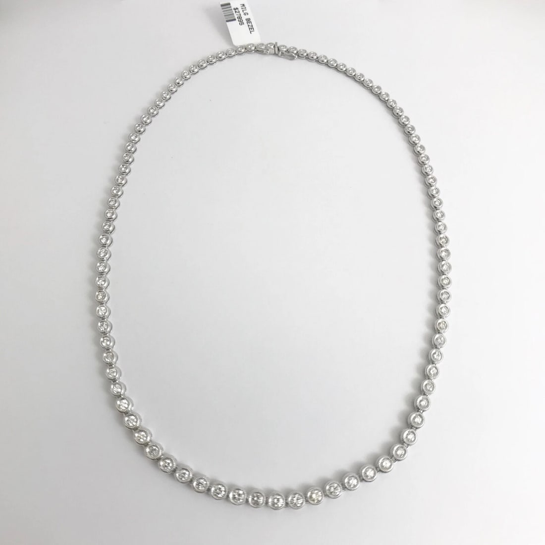Diamond Milgrain Bezel Set Tennis Necklace 18K White Gold, 16 Inches, 4.33 CTW - 5