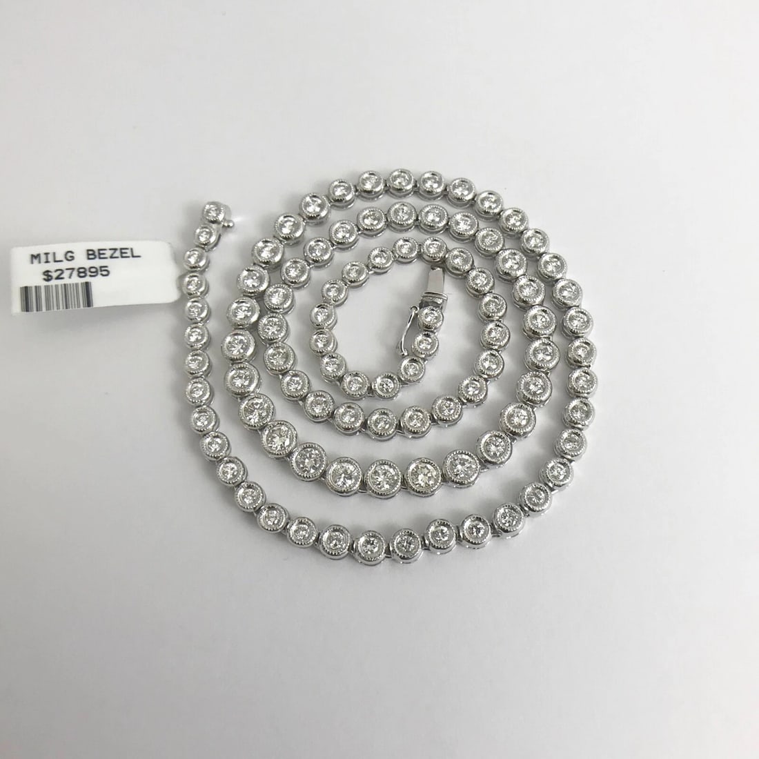 Diamond Milgrain Bezel Set Tennis Necklace 18K White Gold, 16 Inches, 4.33 CTW - 7