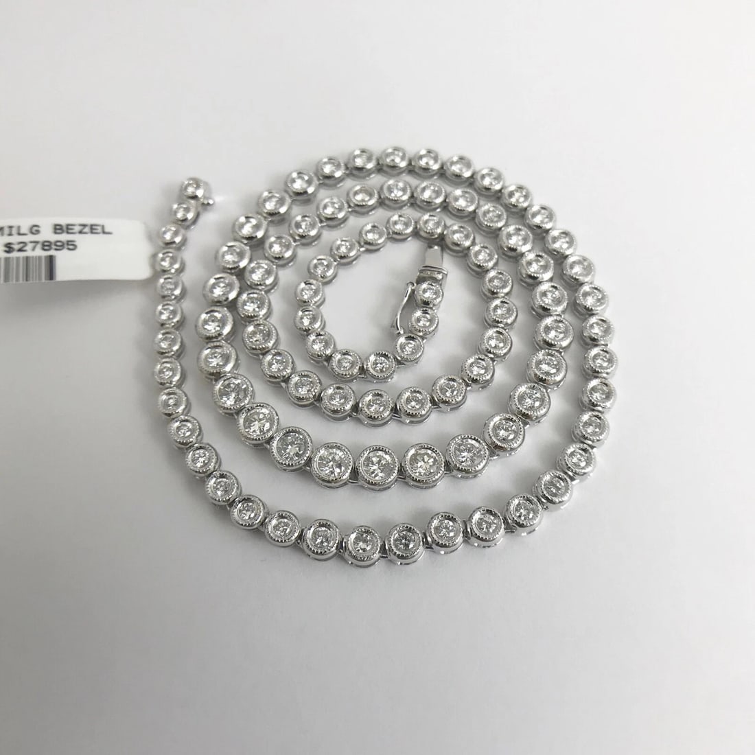 Diamond Milgrain Bezel Set Tennis Necklace 18K White Gold, 16 Inches, 4.33 CTW - 8