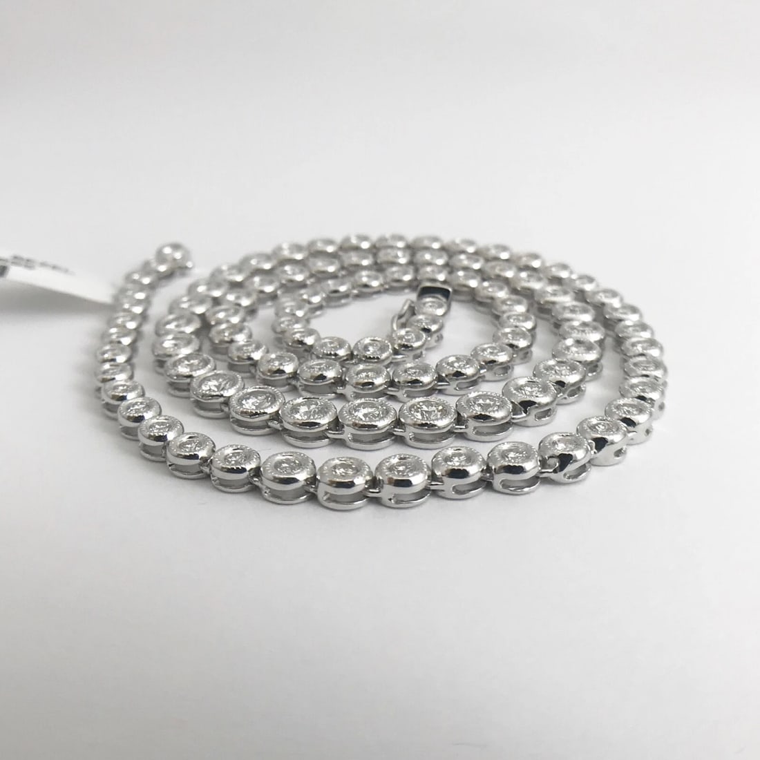 Diamond Milgrain Bezel Set Tennis Necklace 18K White Gold, 16 Inches, 4.33 CTW - 9