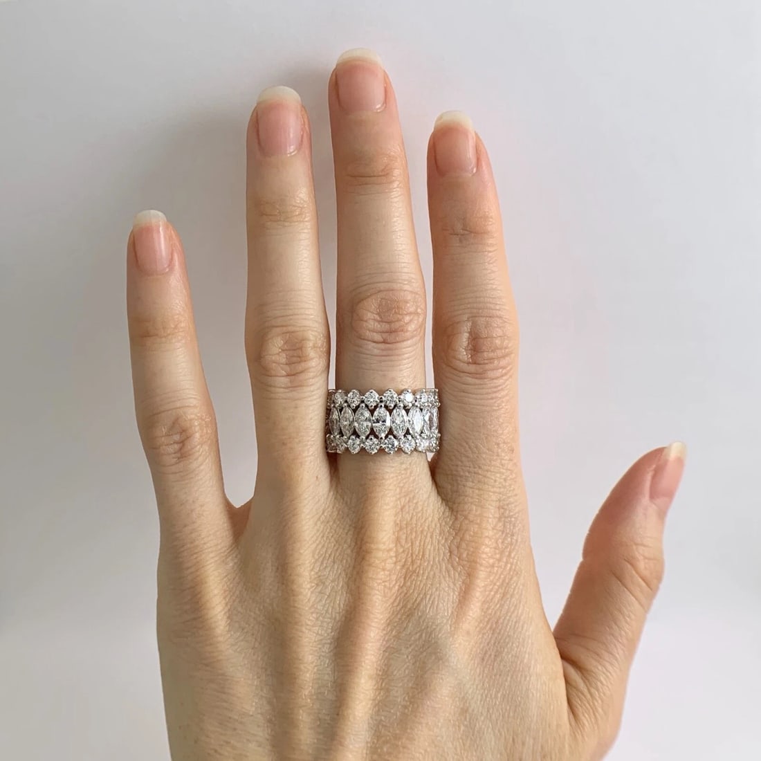 Wide Marquise Diamond Eternity Band Statement Ring 18K White Gold, 8.26 CTW - 2