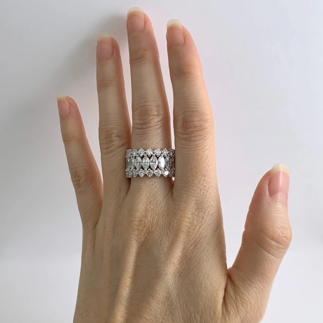 Wide Marquise Diamond Eternity Band Statement Ring 18K White Gold, 8.26 CTW - 3