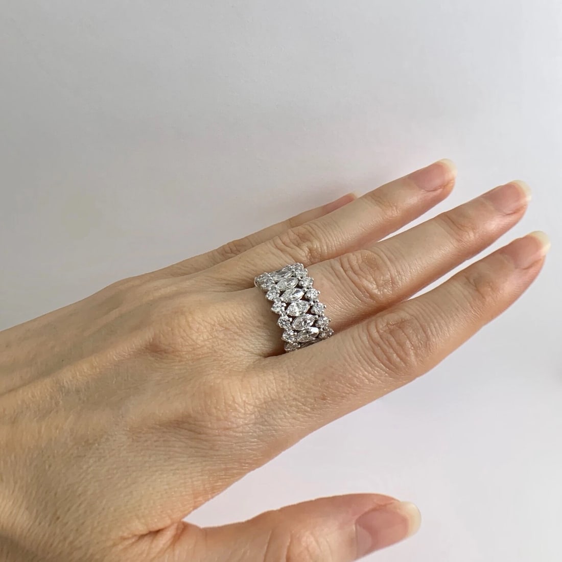 Wide Marquise Diamond Eternity Band Statement Ring 18K White Gold, 8.26 CTW - 4