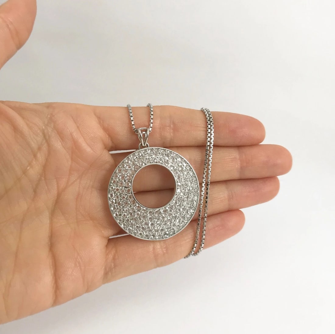 Italian Rose Cut Diamond Open Circle Pendant Necklace 18K White Gold, 3.06 CTW - 2
