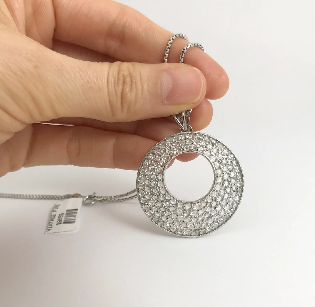 Italian Rose Cut Diamond Open Circle Pendant Necklace 18K White Gold, 3.06 CTW - 4