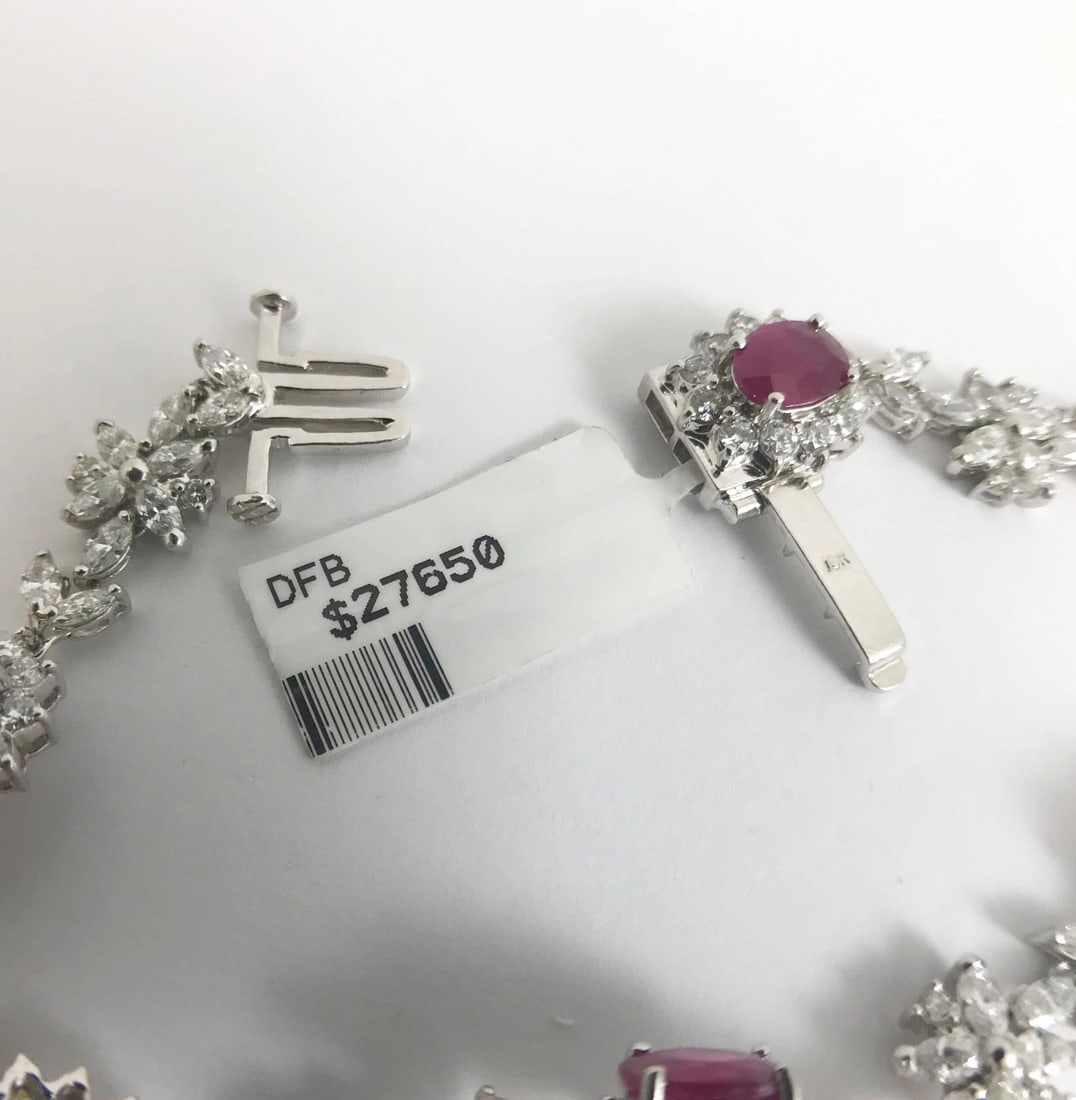 Oval Ruby and Diamond Halo Flower Bracelet 18K White Gold, 12.79 CTW, 19.3 Grams - 10