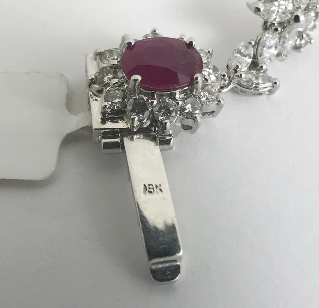Oval Ruby and Diamond Halo Flower Bracelet 18K White Gold, 12.79 CTW, 19.3 Grams - 11