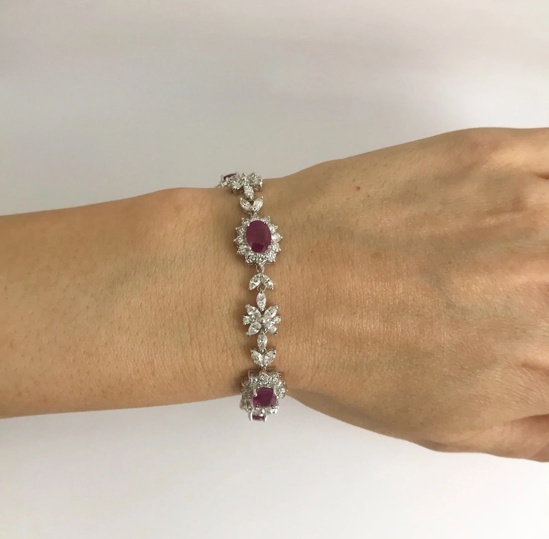 Oval Ruby and Diamond Halo Flower Bracelet 18K White Gold, 12.79 CTW, 19.3 Grams - 2