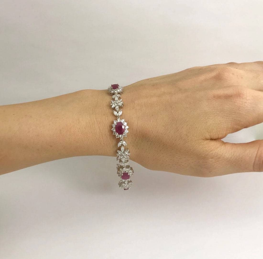 Oval Ruby and Diamond Halo Flower Bracelet 18K White Gold, 12.79 CTW, 19.3 Grams - 3