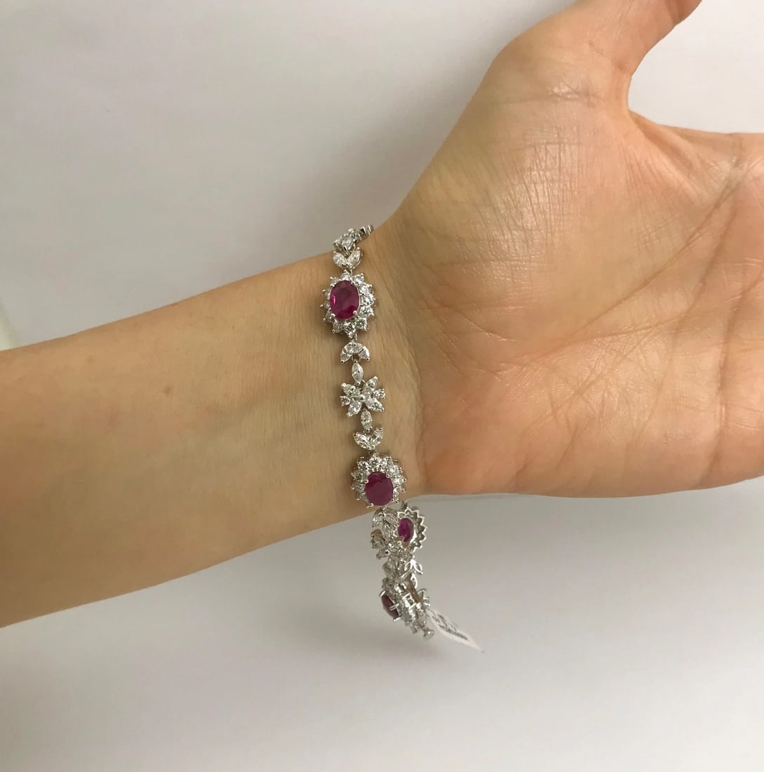 Oval Ruby and Diamond Halo Flower Bracelet 18K White Gold, 12.79 CTW, 19.3 Grams - 4