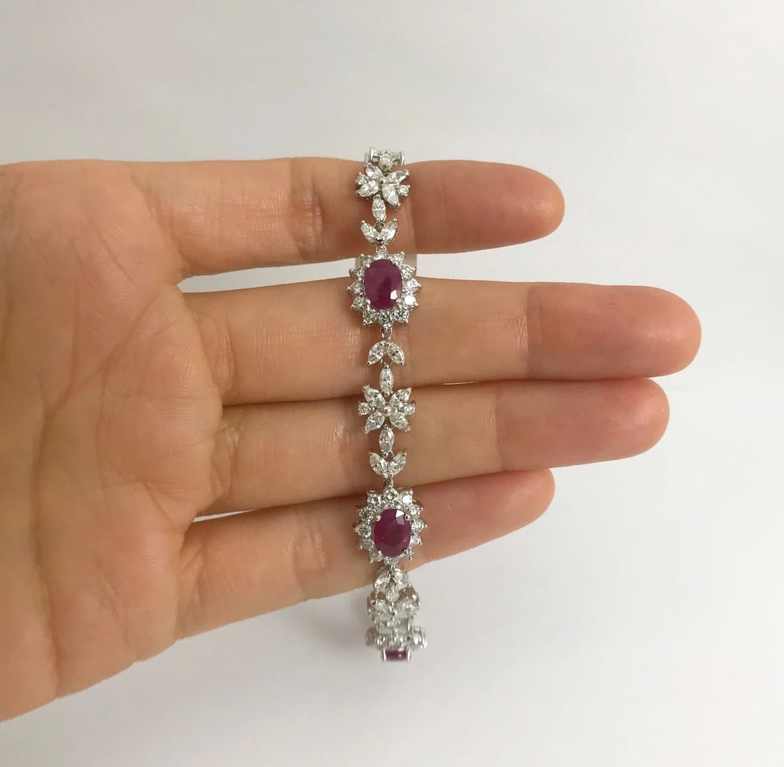 Oval Ruby and Diamond Halo Flower Bracelet 18K White Gold, 12.79 CTW, 19.3 Grams - 5