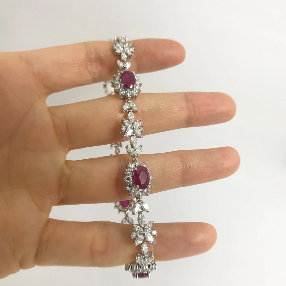 Oval Ruby and Diamond Halo Flower Bracelet 18K White Gold, 12.79 CTW, 19.3 Grams - 6