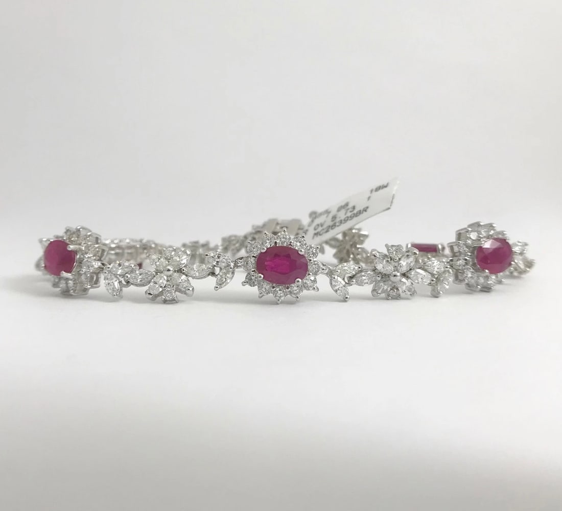 Oval Ruby and Diamond Halo Flower Bracelet 18K White Gold, 12.79 CTW, 19.3 Grams - 7
