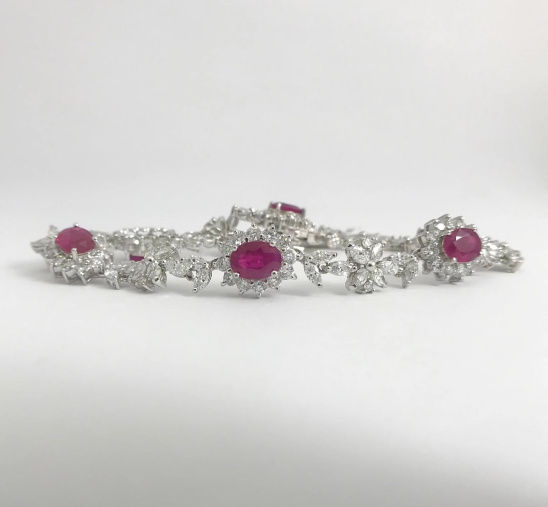 Oval Ruby and Diamond Halo Flower Bracelet 18K White Gold, 12.79 CTW, 19.3 Grams - 8