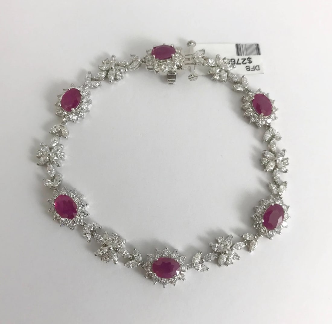 Oval Ruby and Diamond Halo Flower Bracelet 18K White Gold, 12.79 CTW, 19.3 Grams - 9