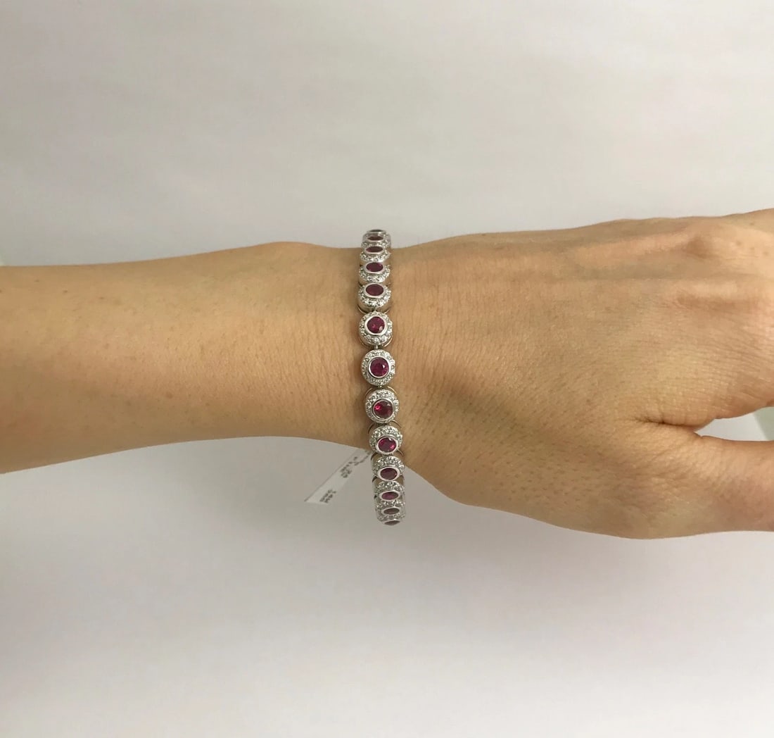 Bezel Set Ruby with Diamond Halo Bracelet 14K White Gold, 7.02 CTW, 21.43 grams - 3