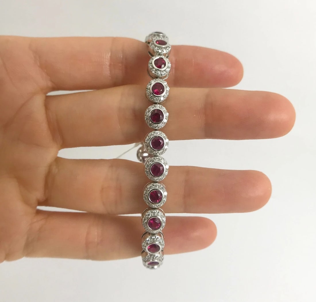 Bezel Set Ruby with Diamond Halo Bracelet 14K White Gold, 7.02 CTW, 21.43 grams - 4