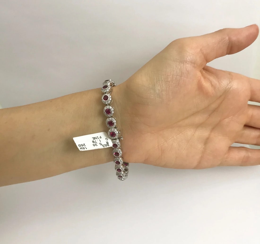 Bezel Set Ruby with Diamond Halo Bracelet 14K White Gold, 7.02 CTW, 21.43 grams - 6