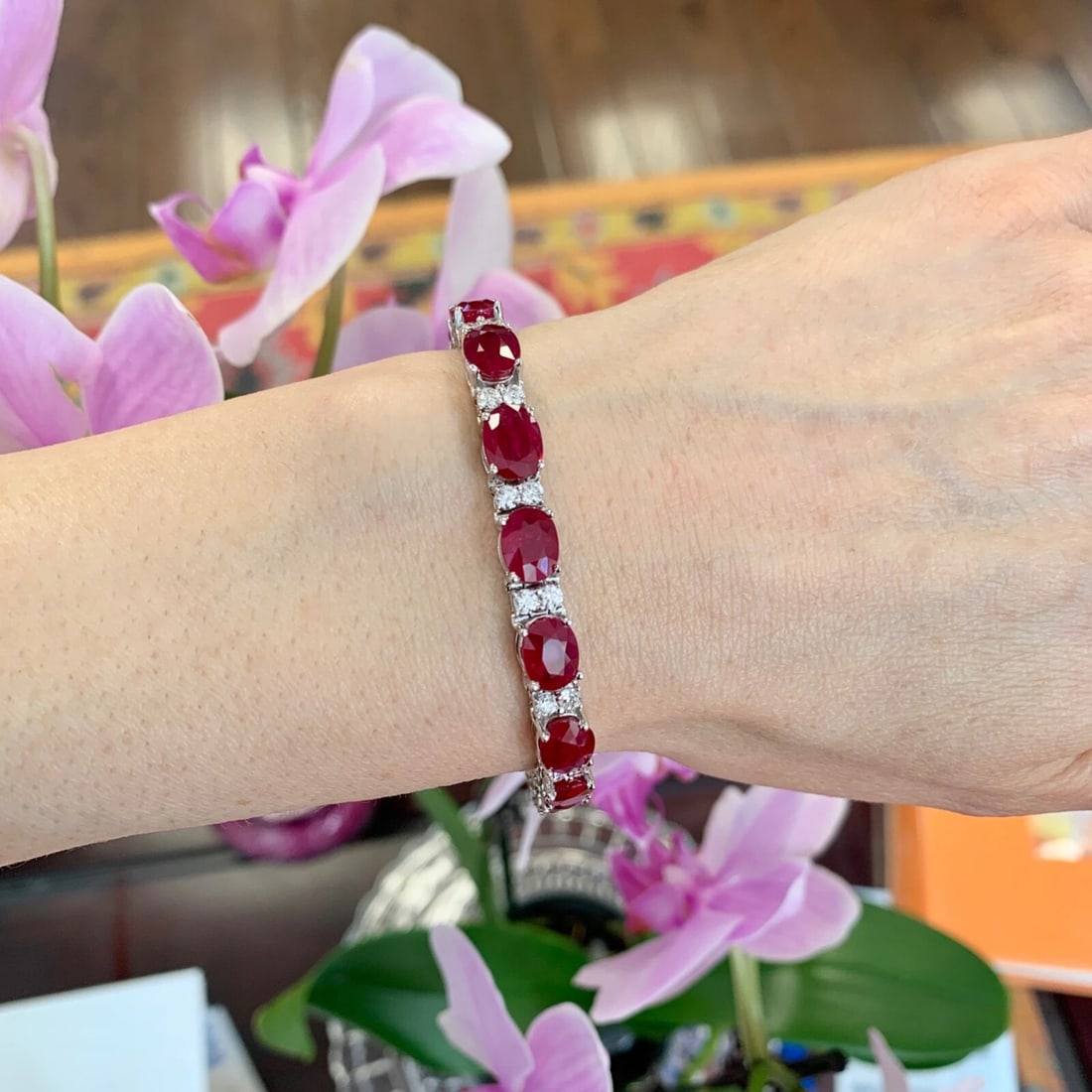 Large Oval Ruby Diamond Gemstone Tennis Bracelet 18K White Gold, 25.67 CTW - 2