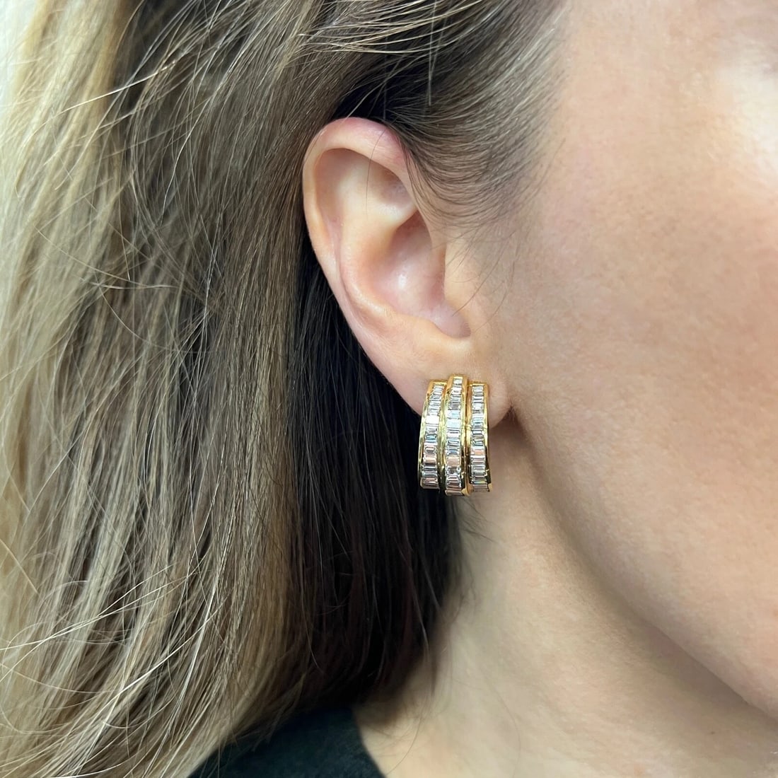 Wide Baguette Channel-Set Diamond Huggie Drop Earrings 18K Yellow Gold, 9.07 CTW - 2