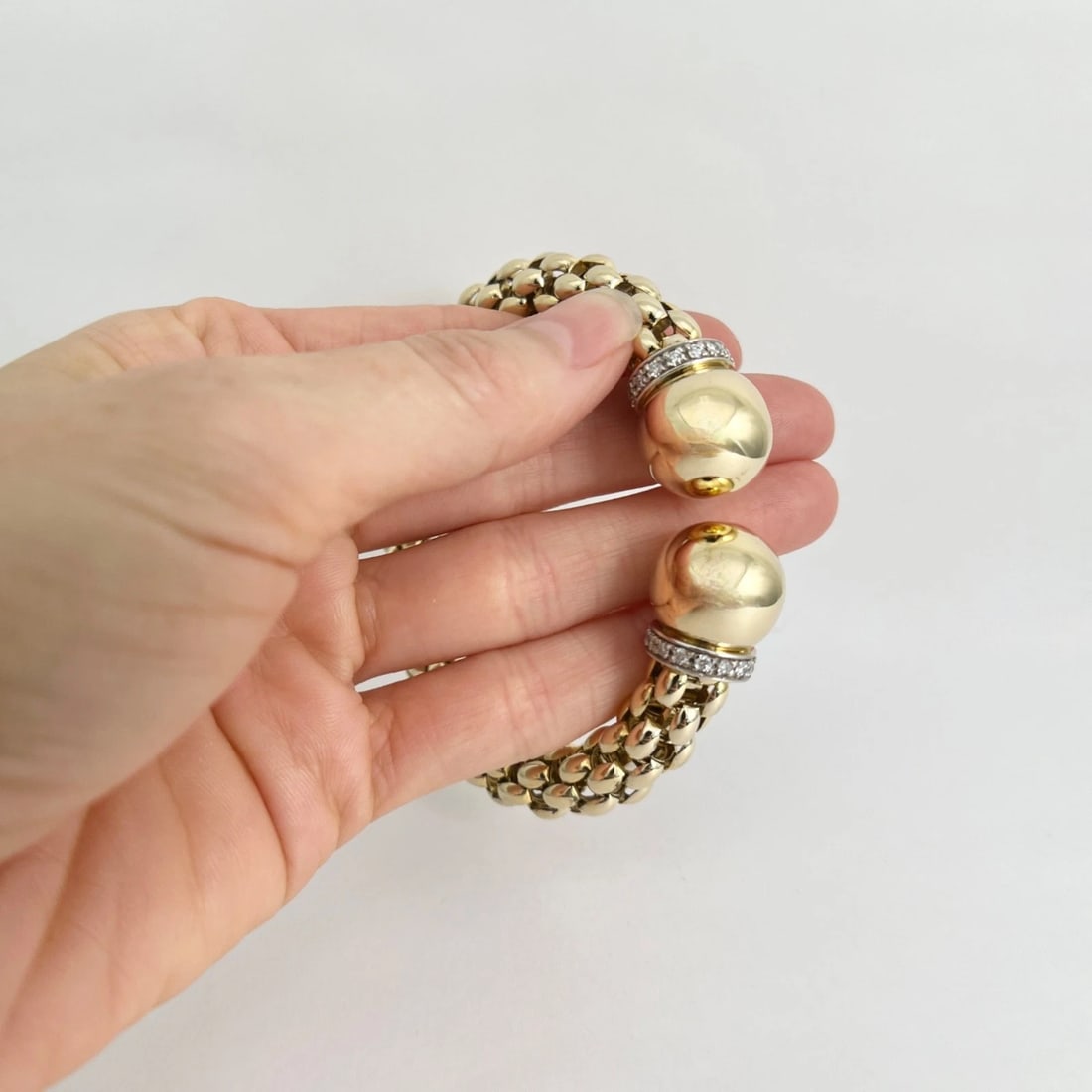 Diamond Gold Ball Cuff Flex Bangle Bracelet 18K Yellow Gold, 43.12 Grams - 3