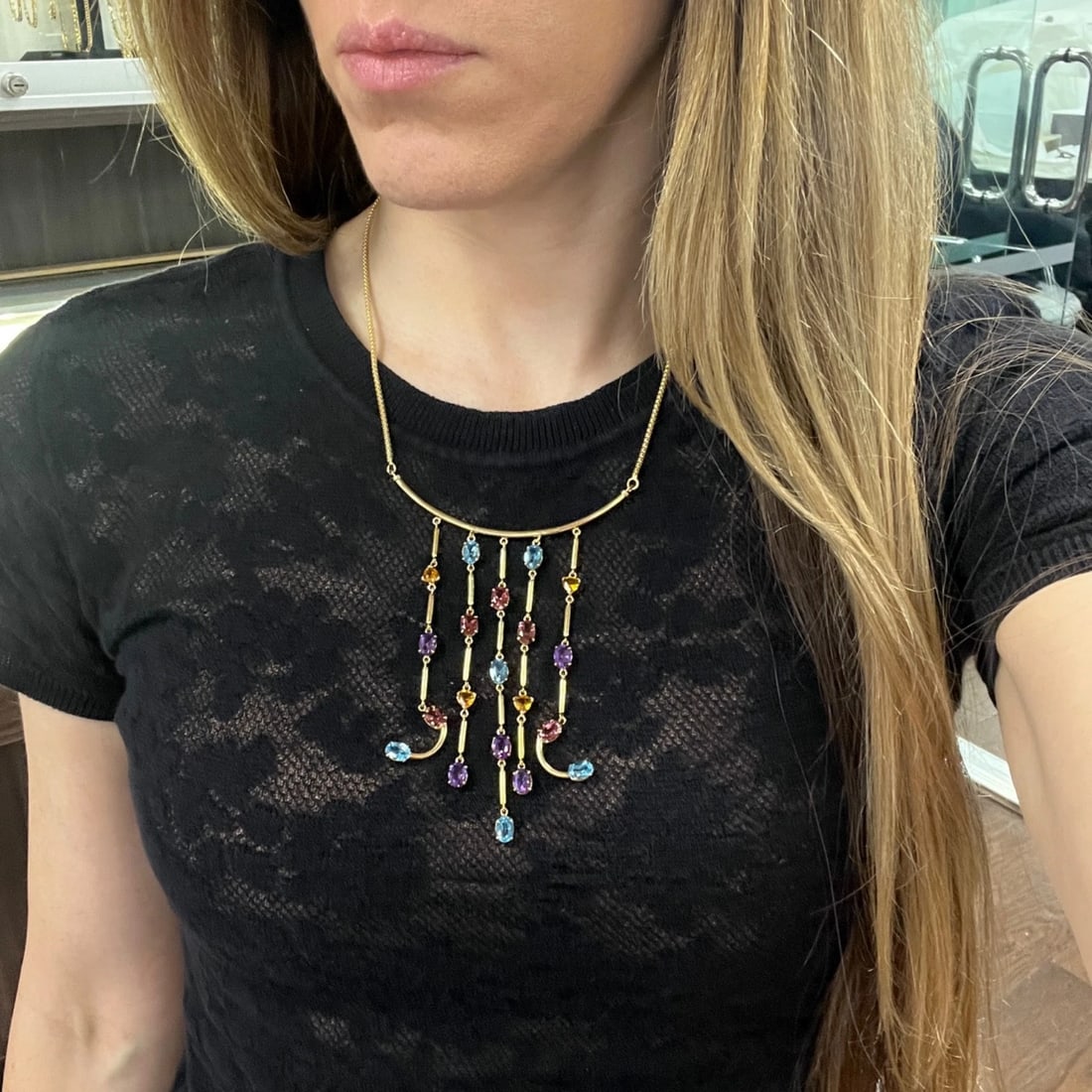Multicolored Gemstone Dangle Fringe Chain Necklace 18K Yellow Gold 26.07 Grams - 4