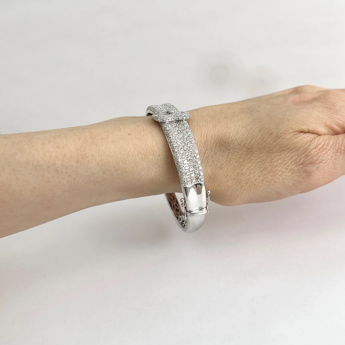 Pave Diamond Buckle Bangle Bracelet 14K White Gold, 1.89 CTW, 26.69 Grams - 4