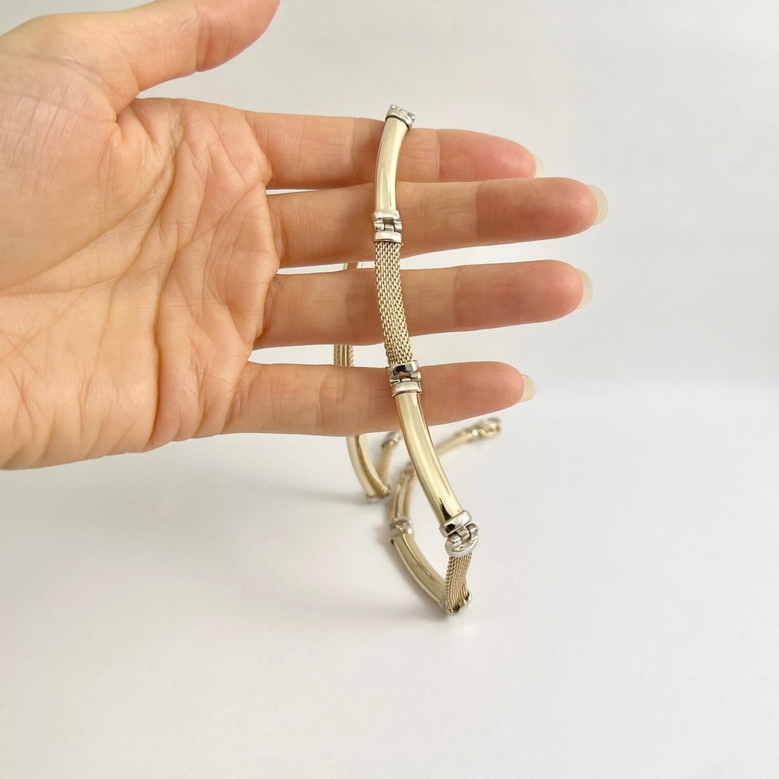 Italian Two-Tone Curved Bar Link Chain Necklace 14K Yellow Gold, 29.73 Grams - 2