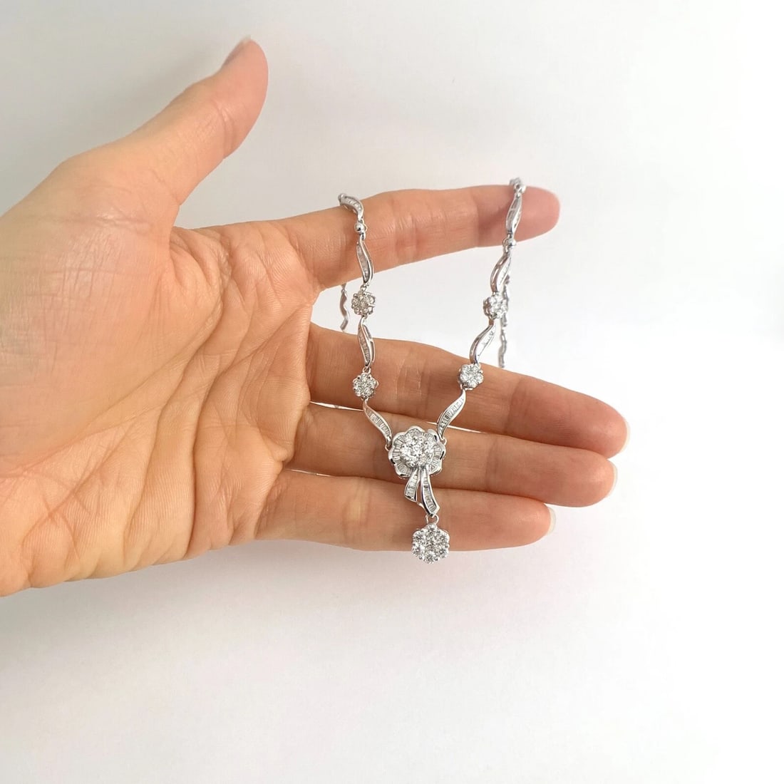 Flower Cluster Diamond Pendant Y Lariat Necklace 18K White Gold 2.29 CTW 13.84 G - 2