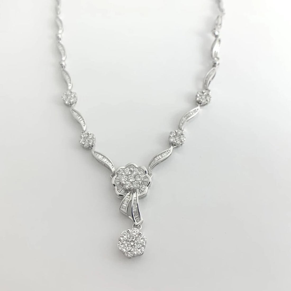 Flower Cluster Diamond Pendant Y Lariat Necklace 18K White Gold 2.29 CTW 13.84 G - 6