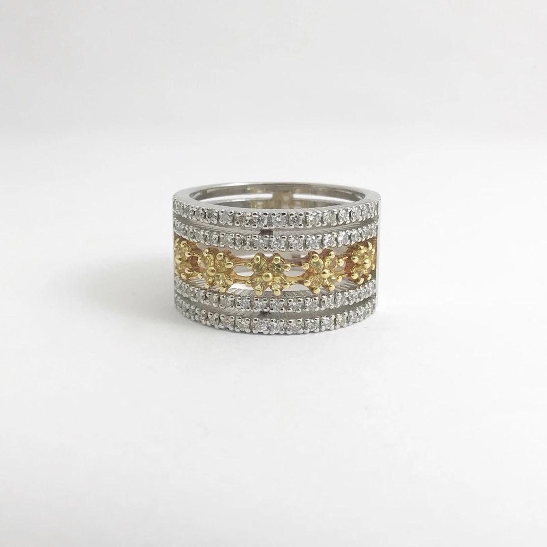 Wide Yellow Sapphire Diamond Flower Ring 14K White Gold, 2.06 CTW, 16.03 Grams - 7