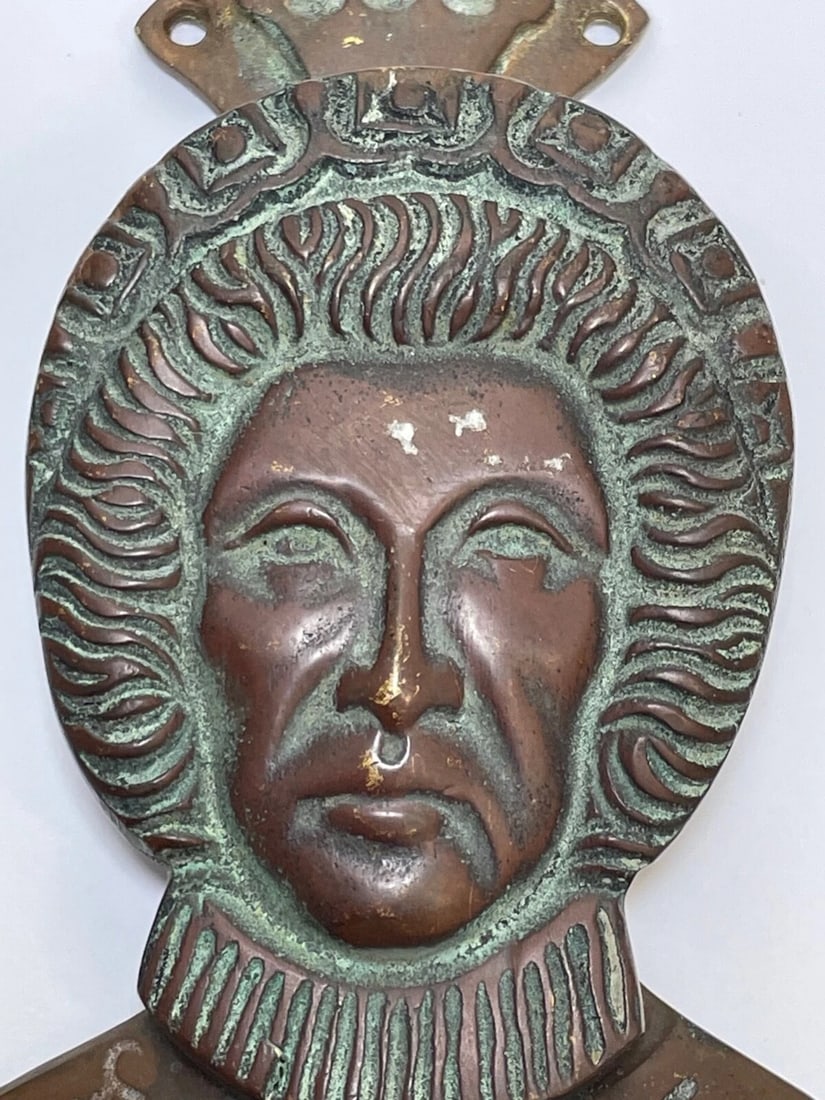 Antique Tudor Queen Of England Elizabeth 1st Ruff Collar Brass Door Knocker - 7