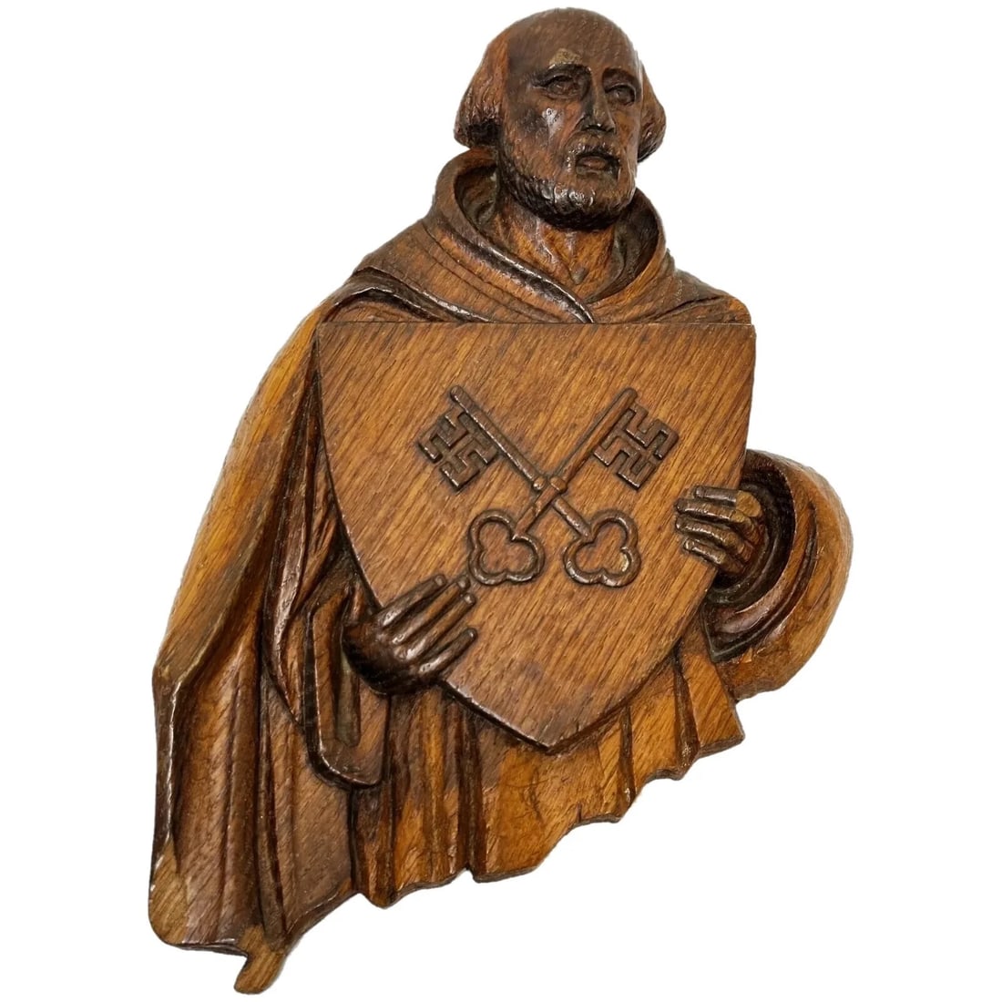 19th Century Carved Religious Figure Saint Holding Shield Crossed Keys Of Heaven (1 of 20)