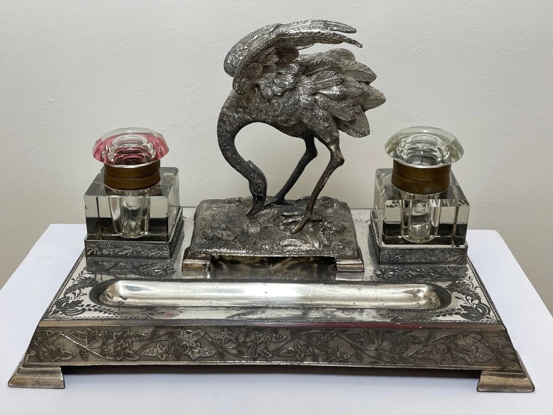 Victorian Silver Plate Crane Bird Inkwell Stand c.1880 Made For H Spiller London - 2