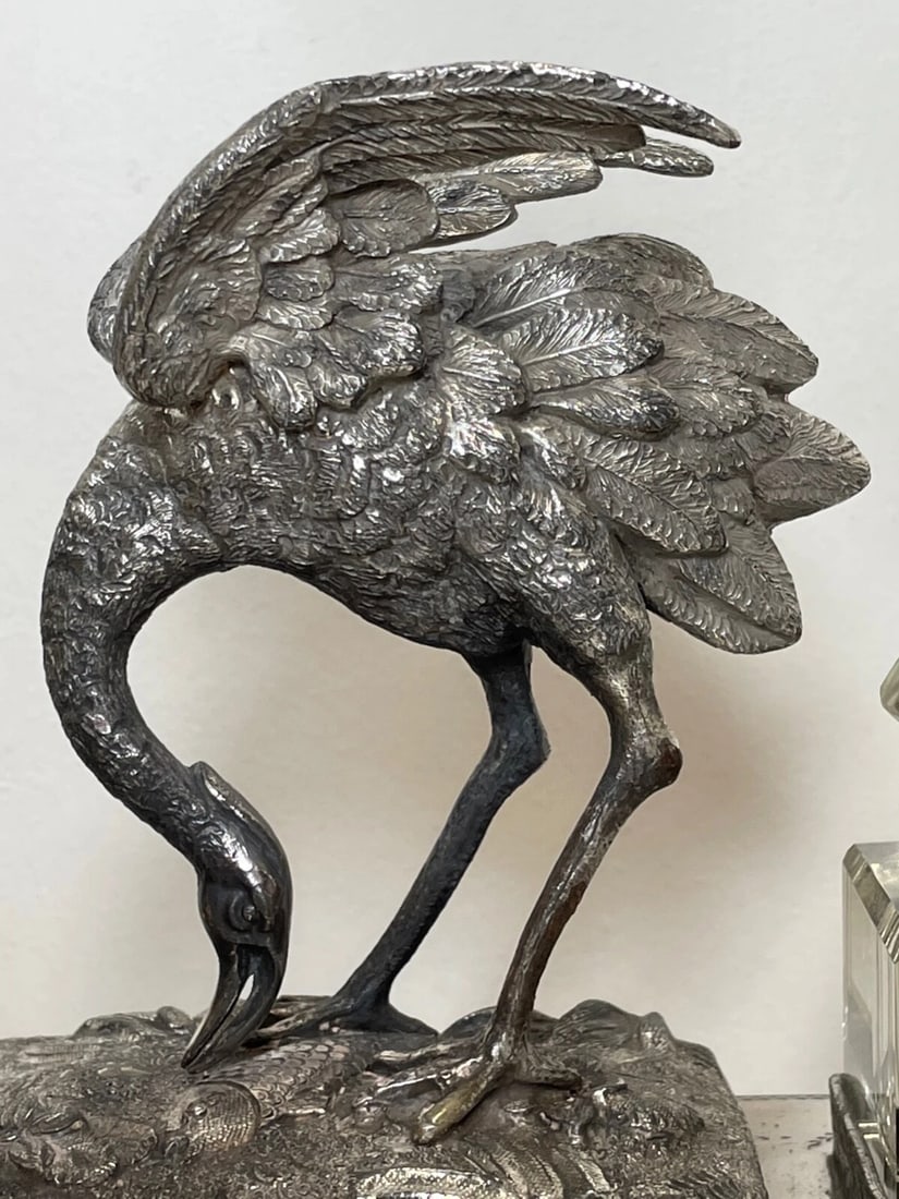 Victorian Silver Plate Crane Bird Inkwell Stand c.1880 Made For H Spiller London - 3