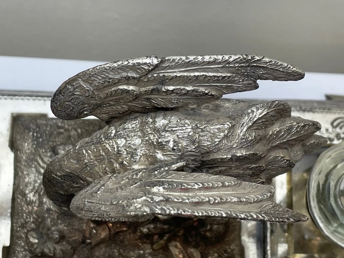 Victorian Silver Plate Crane Bird Inkwell Stand c.1880 Made For H Spiller London - 4