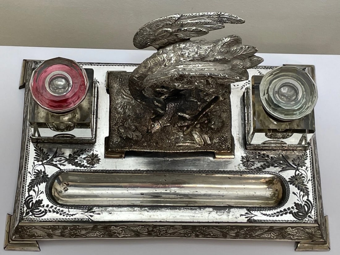 Victorian Silver Plate Crane Bird Inkwell Stand c.1880 Made For H Spiller London - 5