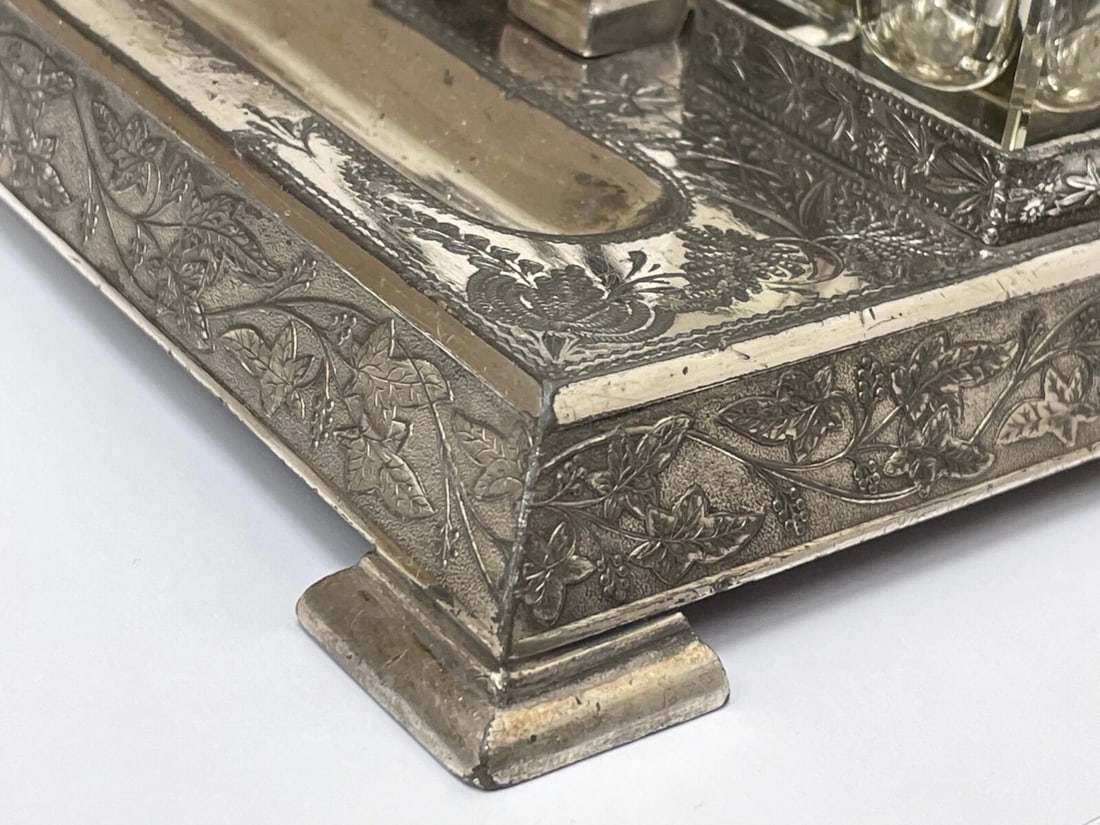 Victorian Silver Plate Crane Bird Inkwell Stand c.1880 Made For H Spiller London - 6