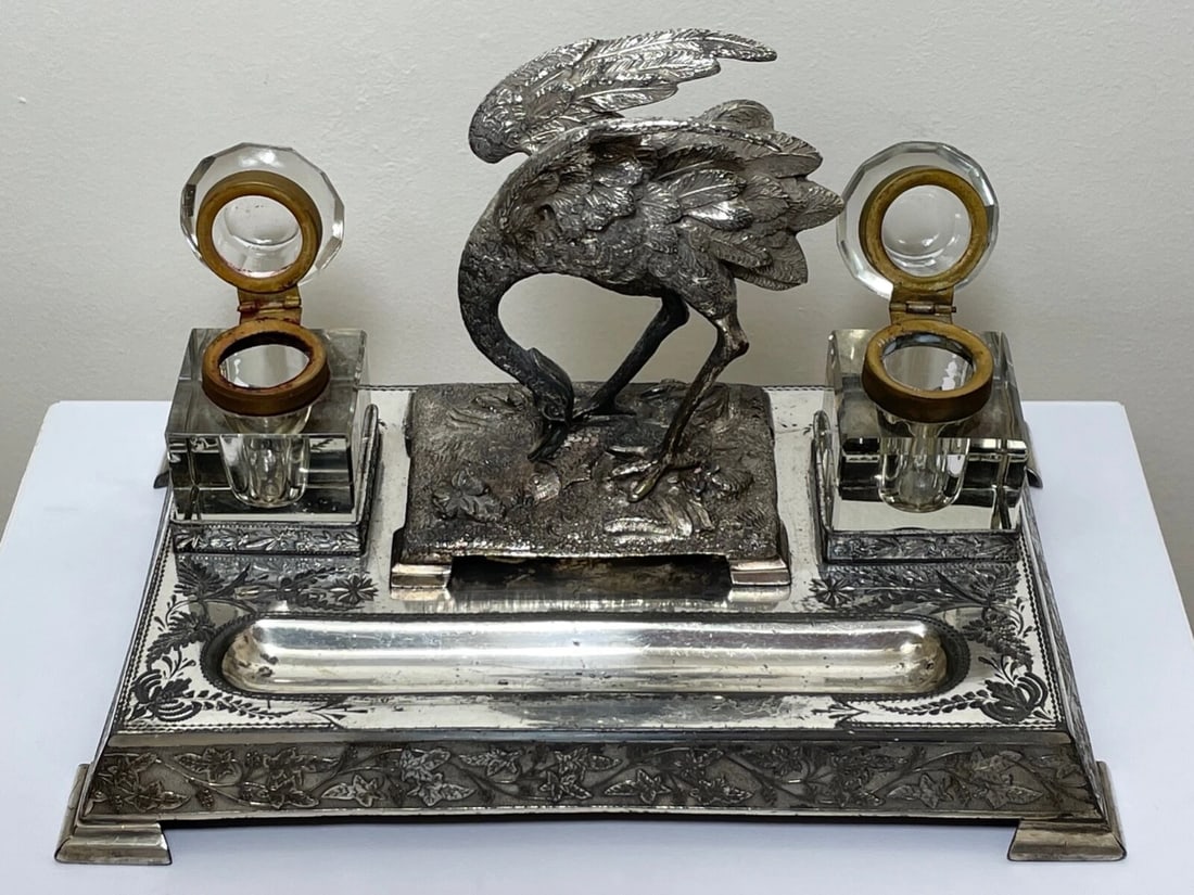 Victorian Silver Plate Crane Bird Inkwell Stand c.1880 Made For H Spiller London - 8