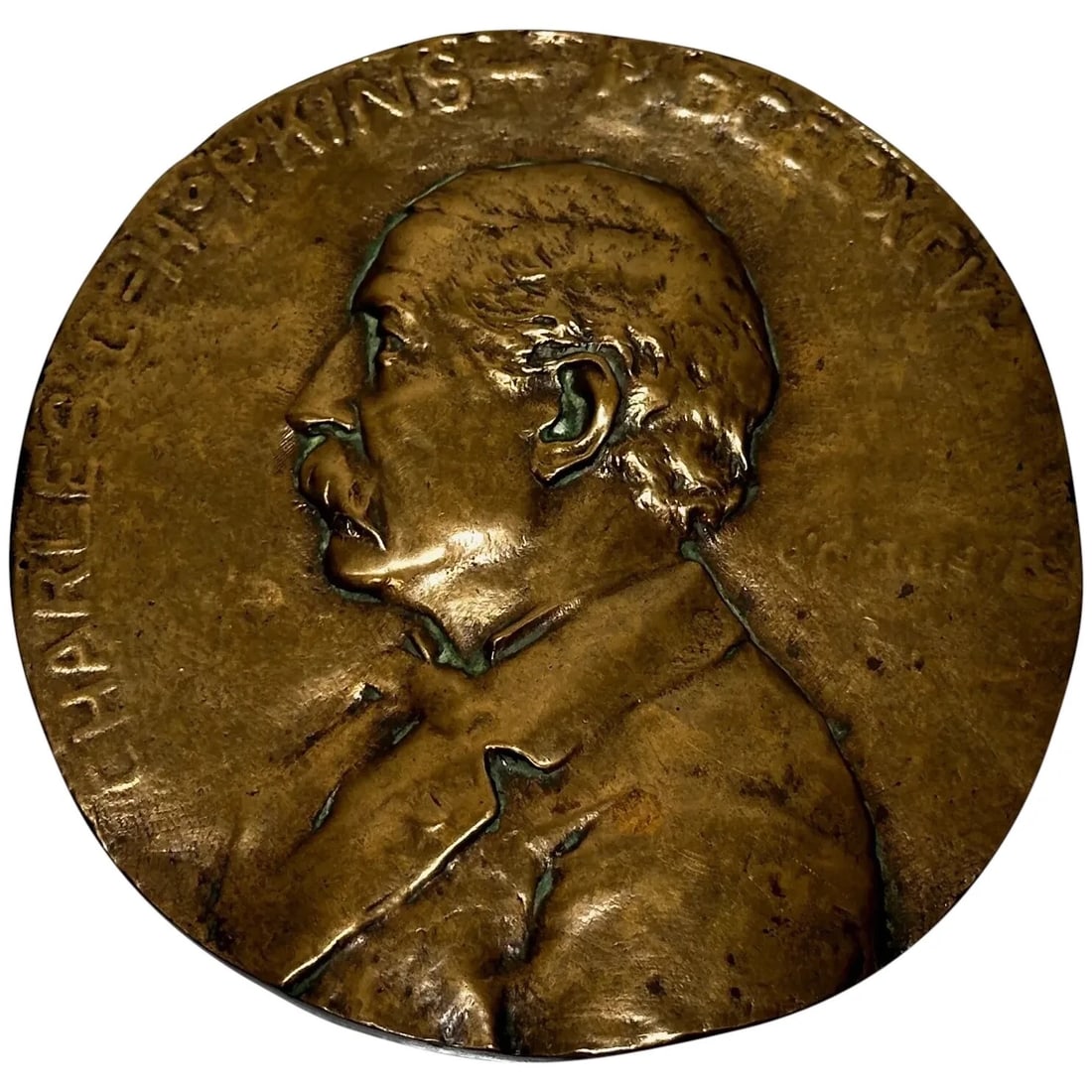 Gilt Bronze Portrait Medallion Charles C Hopkins In Manner of George Frampton: Gilt Bronze Portrait Medallion Charles C Hopkins In Manner of George Frampton Click image to enlarge Description Rare Victorian 1895 English Gilt Bronze Portrait Plaque Medallion – Charles C. Ho